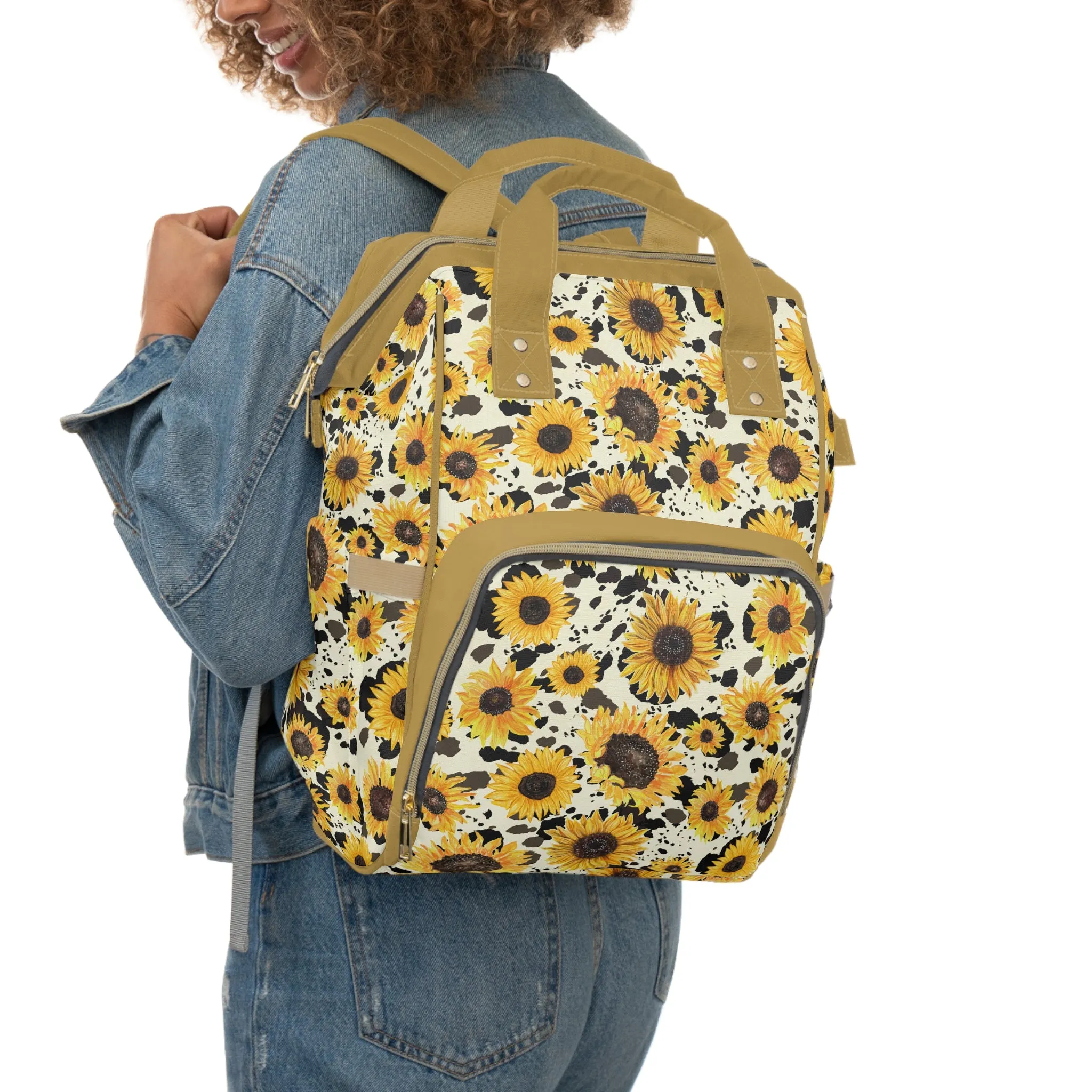 Sunflower Cow Print Diaper Backpack - Unique & Durable Diaper Tote, Perfect Blend of Style for Nature-Loving Parents