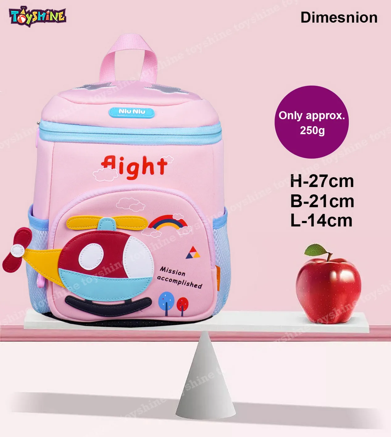 Toyshine 12" Helicopter Design Backpack for Kids Girls Boys Toddler Backpack Preschool Nursery Travel Bag,Mini Size - Pink