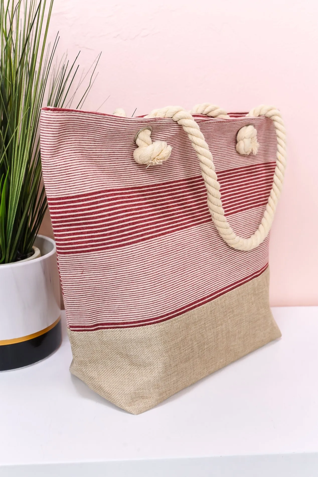 Undoubting Memories Dark Red/Taupe Striped Tote Bag - BAG1705RD