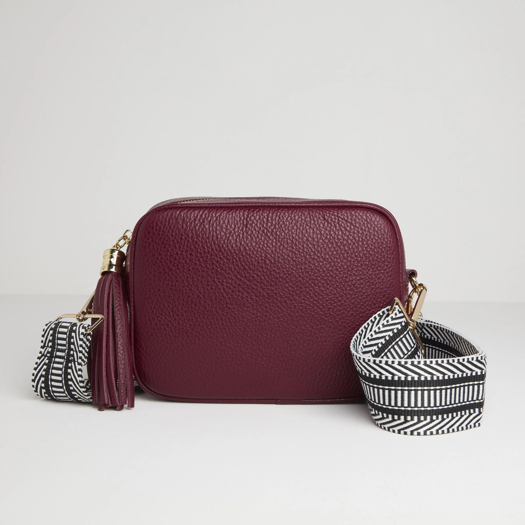 Verona Crossbody Burgundy Tassel Bag With Black and White Chevron Strap