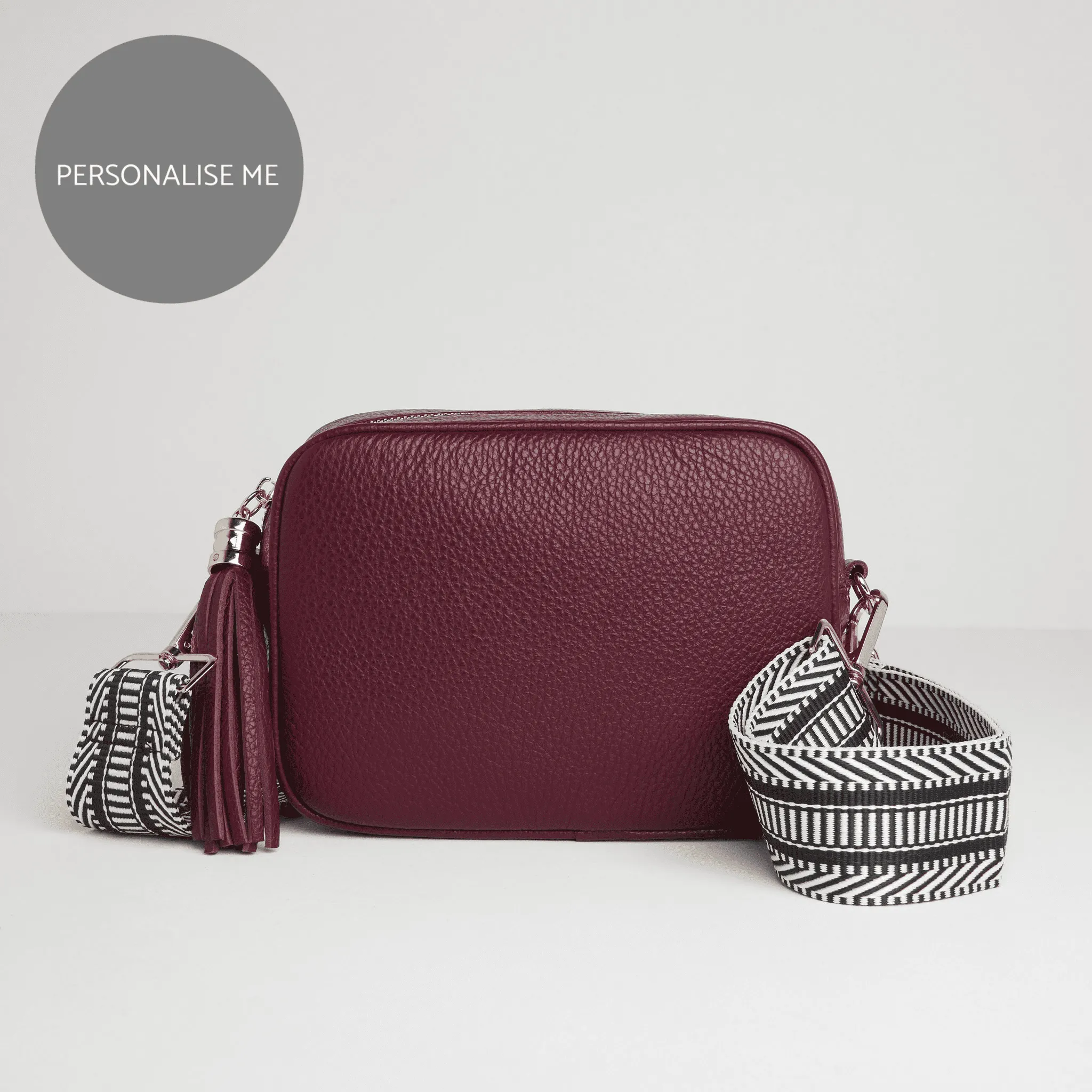 Verona Crossbody Burgundy Tassel Bag With Black and White Chevron Strap