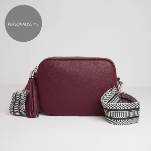Verona Crossbody Burgundy Tassel Bag With Black and White Chevron Strap