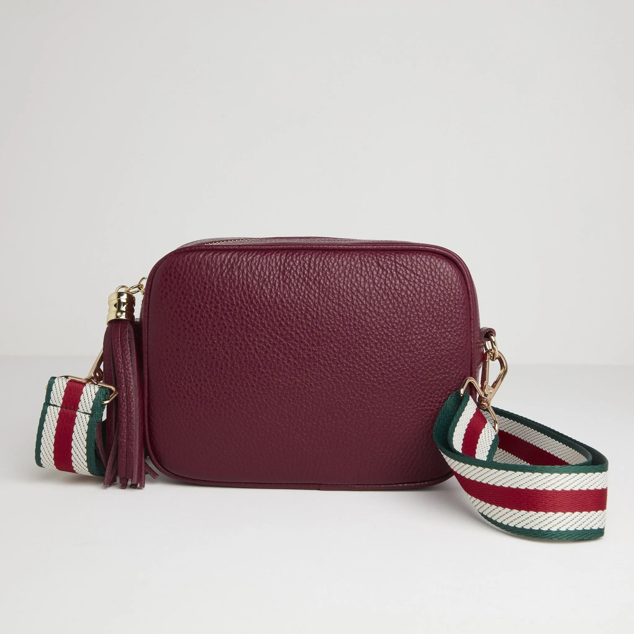 Verona Crossbody Burgundy Tassel Bag With Green Stripe Strap