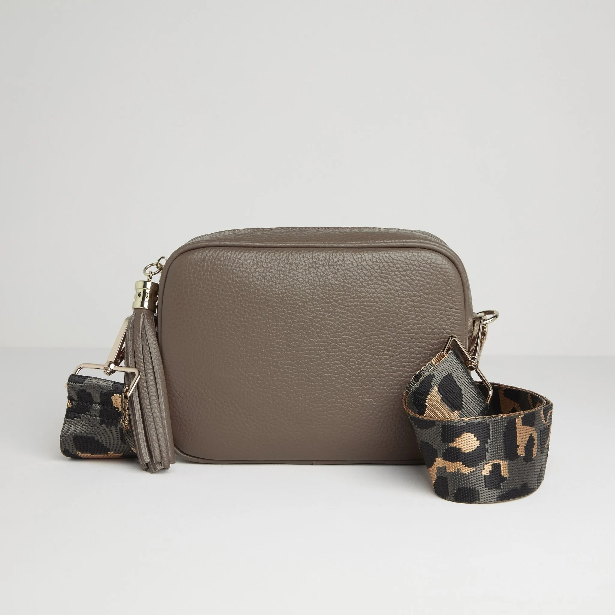 Verona Crossbody Dark Taupe Tassel Bag With Dark Leopard Strap