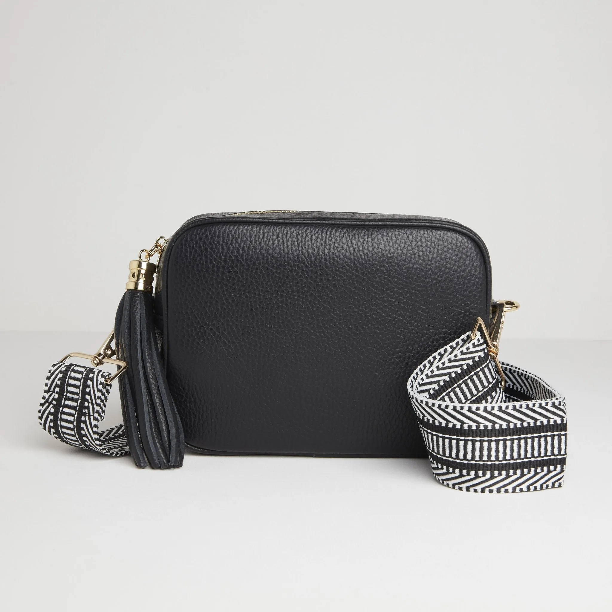 Verona Crossbody Tassel Black Bag with Black and White Chevron Strap