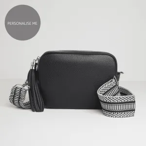 Verona Crossbody Tassel Black Bag with Black and White Chevron Strap