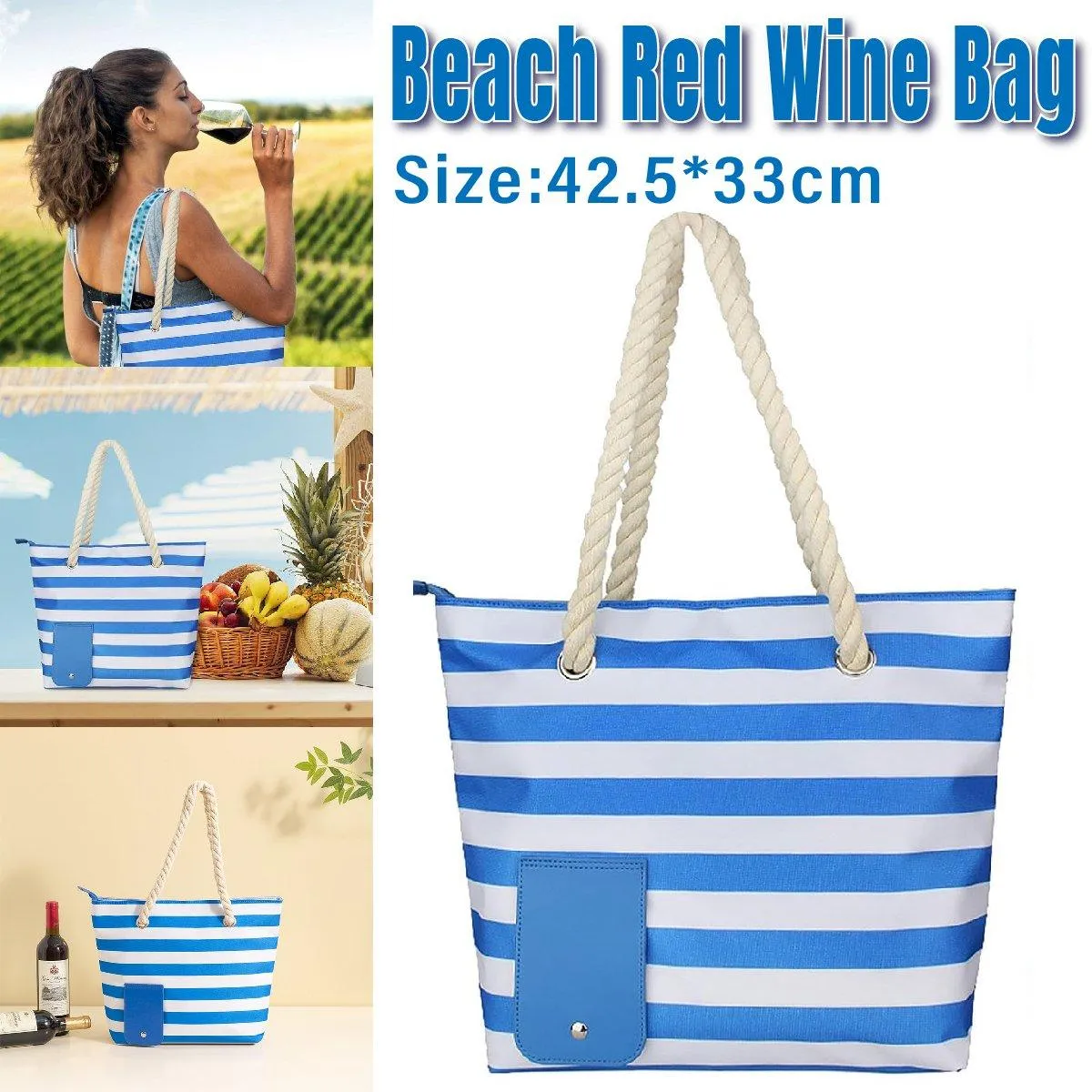 Wine Bag Picnic Tote Striped Outdoor Beach Camping Storage Bag Portable Travel