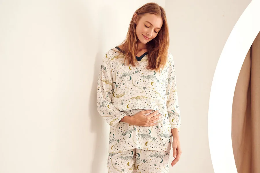 Women's Bamboo Pima 3/4 Sleeve Nursing PJ Set - Stars White