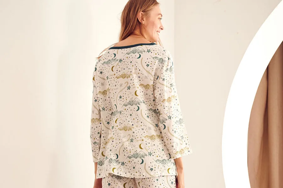 Women's Bamboo Pima 3/4 Sleeve Nursing PJ Set - Stars White