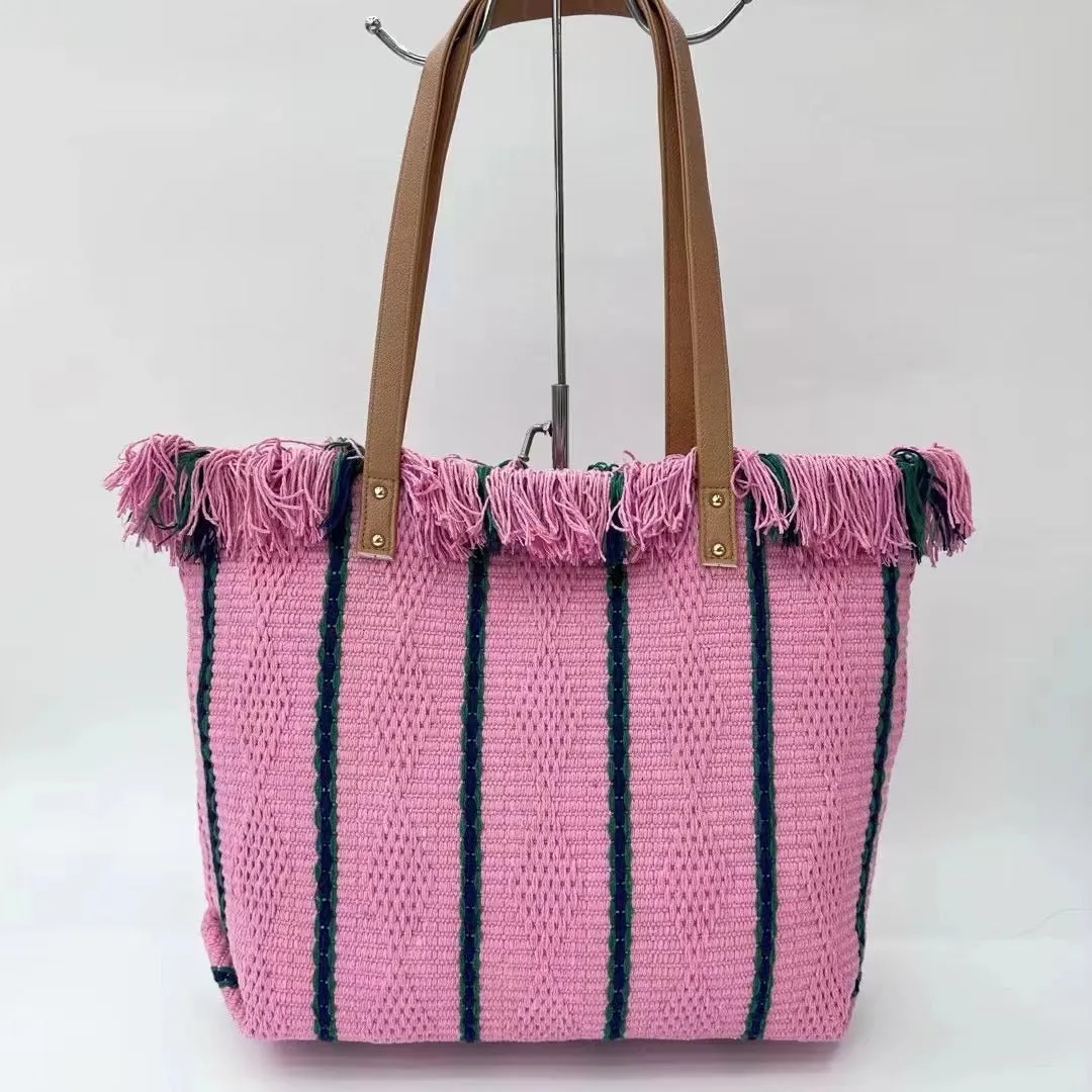 Women's Striped Tassel Portable Simple Versatile Large Tote Bags