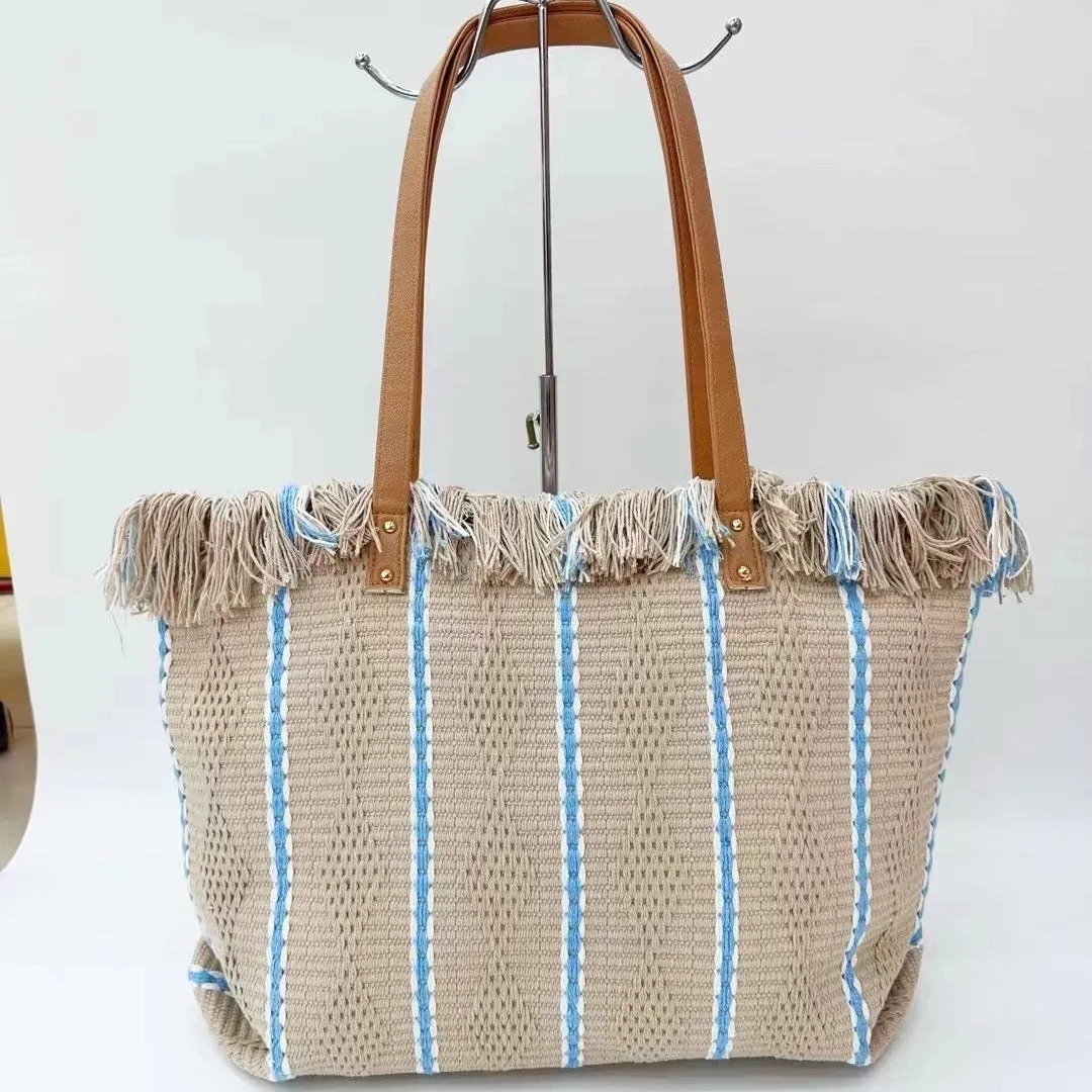 Women's Striped Tassel Portable Simple Versatile Large Tote Bags