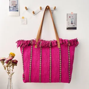 Women's Striped Tassel Portable Simple Versatile Large Tote Bags
