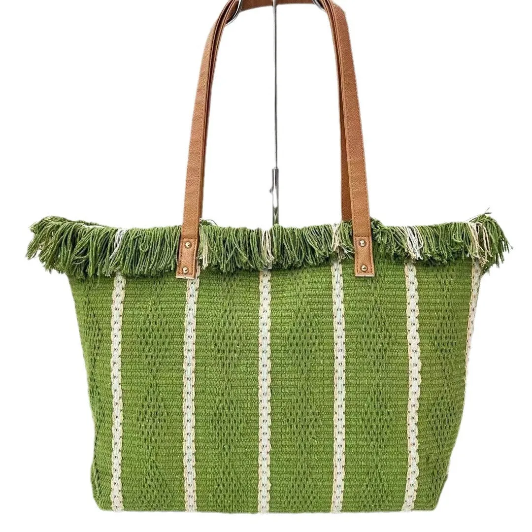 Women's Striped Tassel Portable Simple Versatile Large Tote Bags