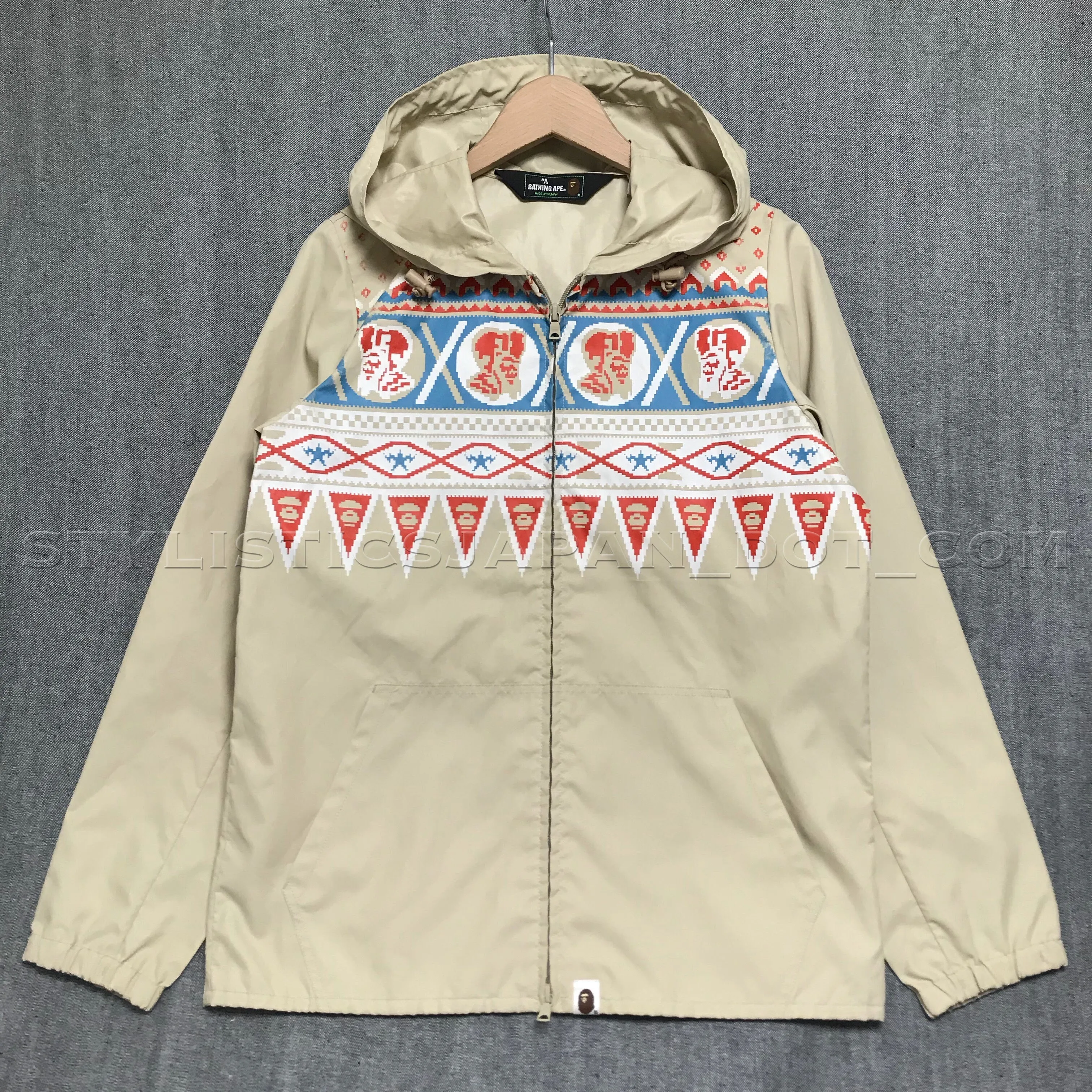 [XS] Women's! A Bathing Ape Bape General Knit Print Nylon Hooded Jacket Beige