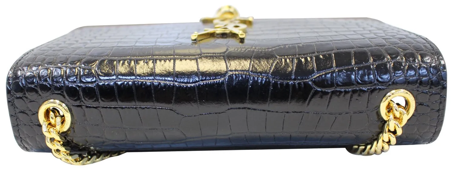 YVES SAINT LAURENT Crocodile Black Leather Gold Chain Clutch Crossbody Bag