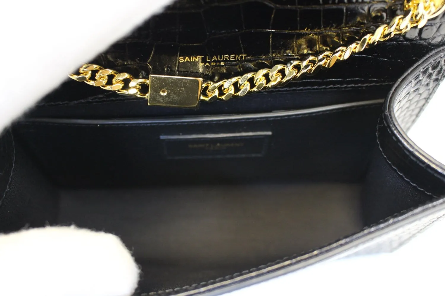 YVES SAINT LAURENT Crocodile Black Leather Gold Chain Clutch Crossbody Bag