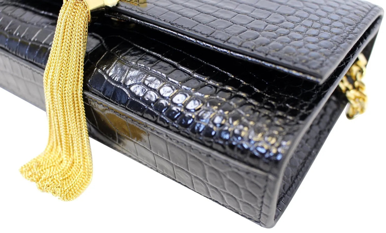 YVES SAINT LAURENT Crocodile Black Leather Gold Chain Clutch Crossbody Bag
