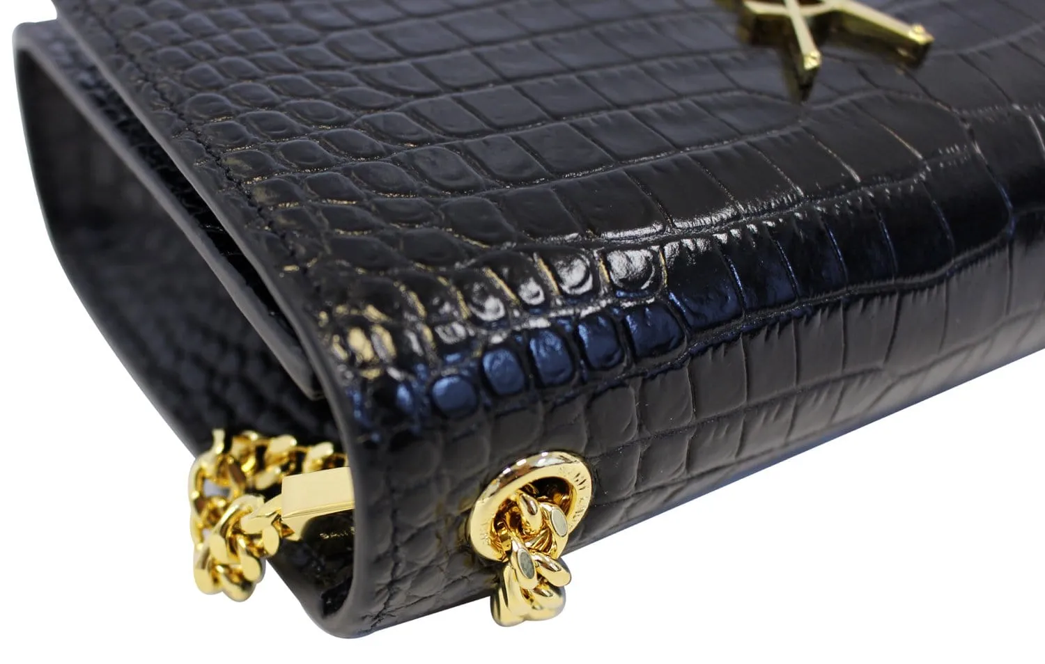 YVES SAINT LAURENT Crocodile Black Leather Gold Chain Clutch Crossbody Bag