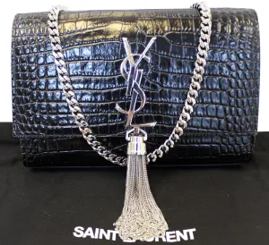 YVES SAINT LAURENT Crocodile Black Leather Silver Chain Clutch Crossbody Bag
