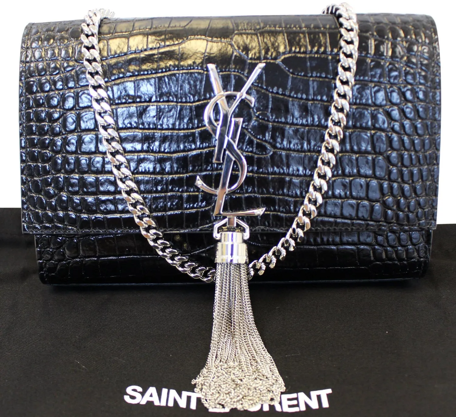 YVES SAINT LAURENT Crocodile Black Leather Silver Chain Clutch Crossbody Bag