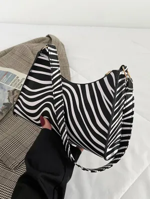 Zebra Striped Pattern Baguette Bag - Black and White
