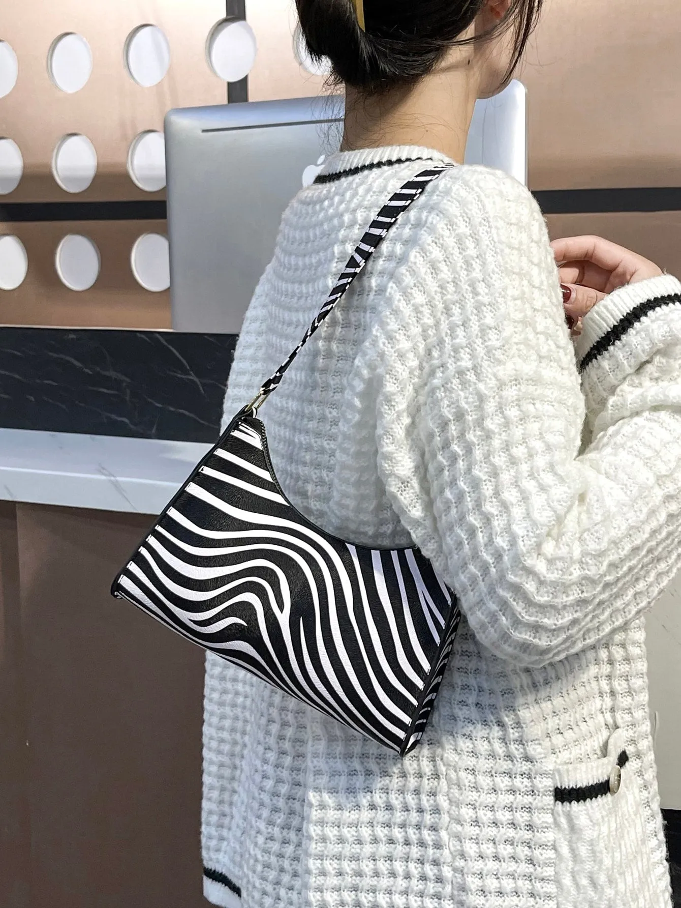 Zebra Striped Pattern Baguette Bag - Black and White